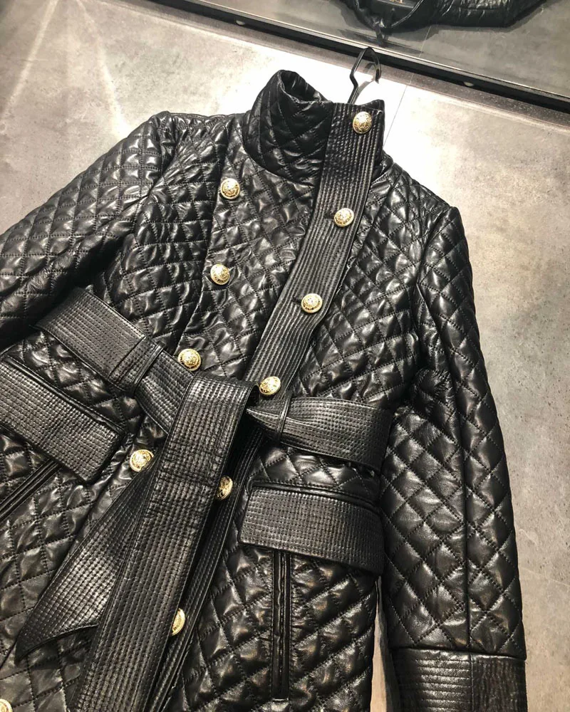 

Spring Women And Coat Autumn New Fashion Casual Genuine Leather Jacket With Belt Diamond Grid Pattern Outerwear Fillers Cotton