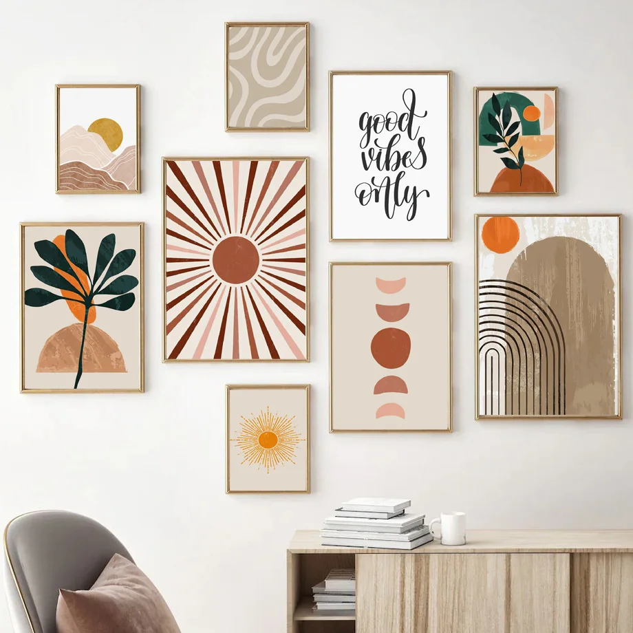 

Sunrise Moon Shape Leaf Abstract Vintage Wall Art Canvas Painting Nordic Posters And Prints Wall Pictures For Living Room Decor