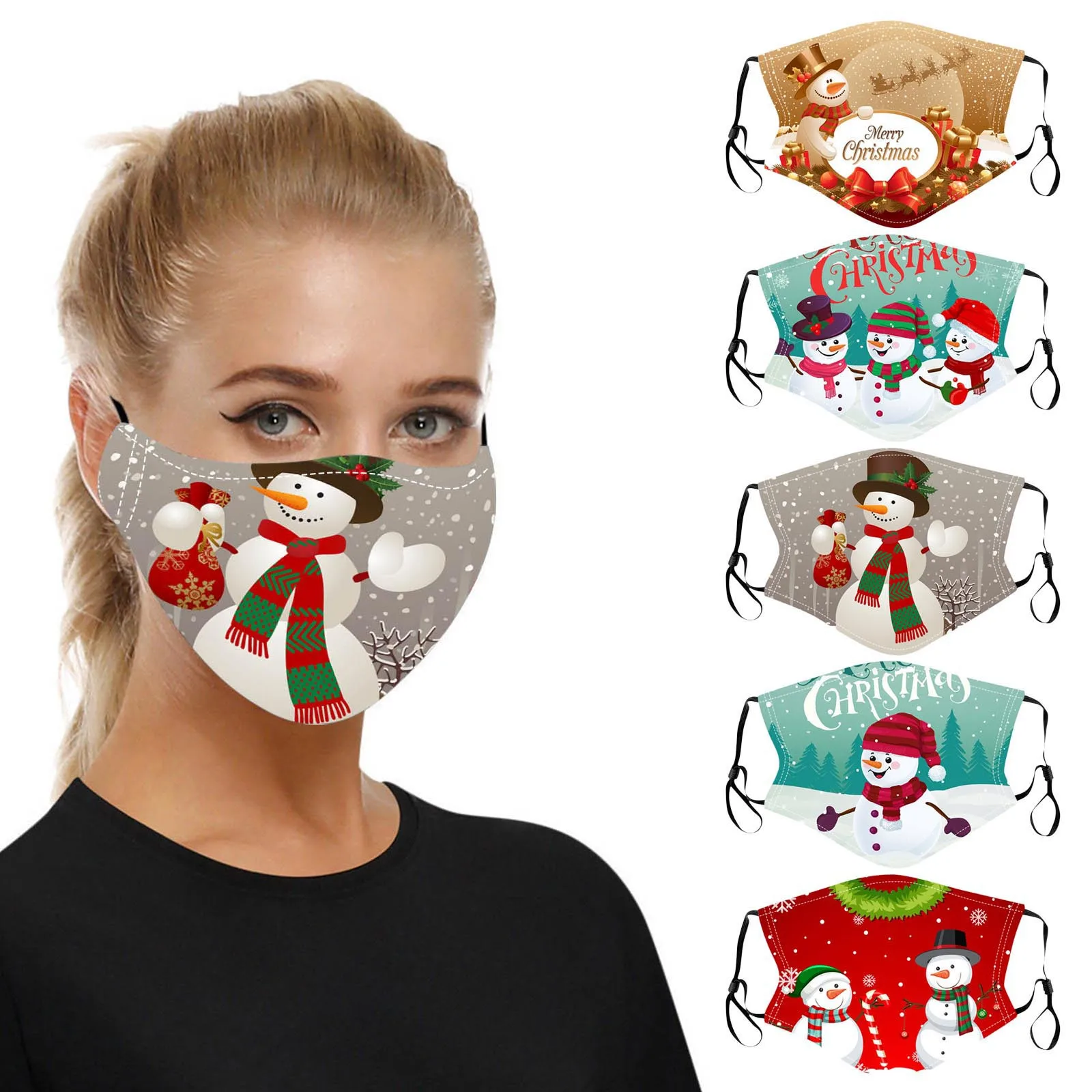

Unisex Adult Masks Adjustable Earloop Breathable Washable Reusable Cartoon Snowman Print Christmas Face Mask Mascarillas