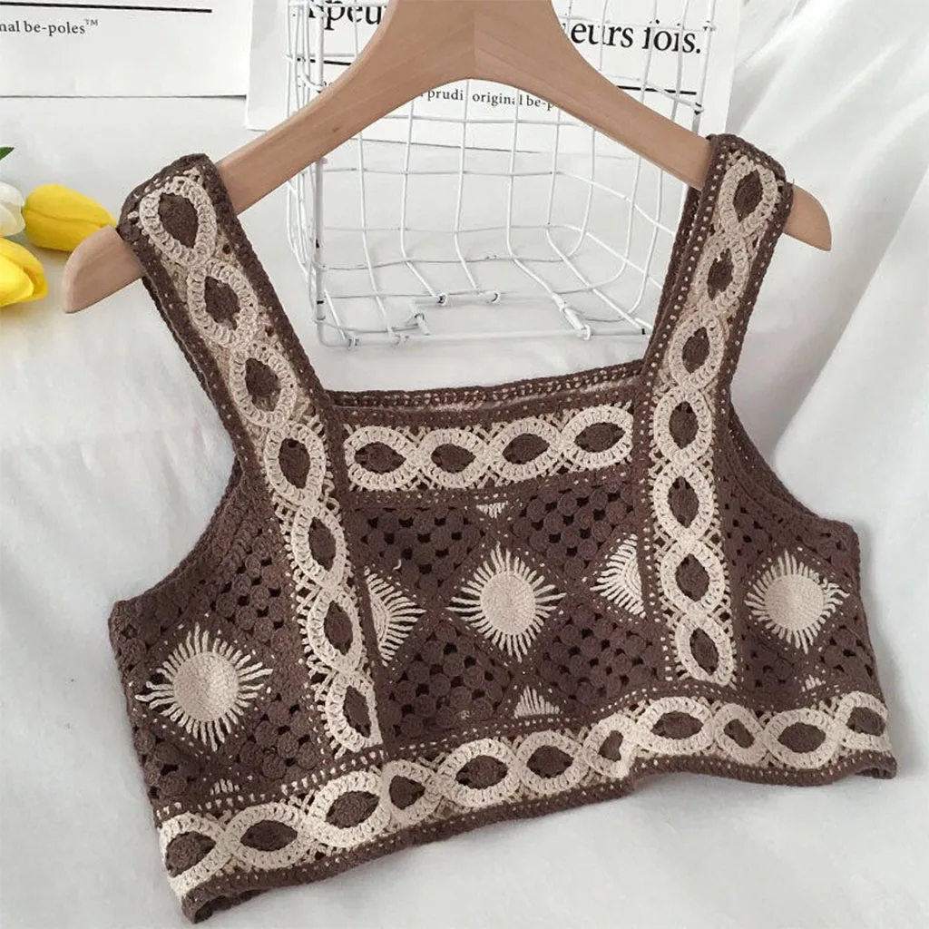 Кроп-топ женский трикотажный в богемном стиле ажурный винтажный пляжный жилет с