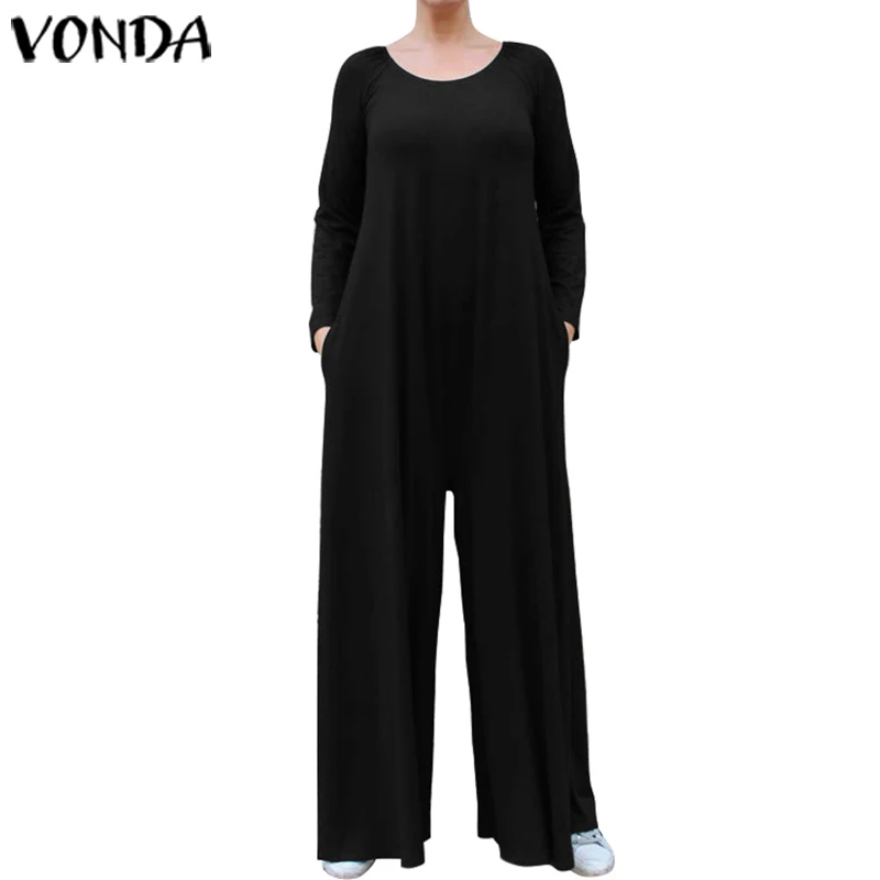 Осень, VONDA, женские комбинезоны, элегантные комбинезоны, женские комбинезоны, винтажные повседневные свободные широкие штаны, Длинные Комбинезоны, 5XL Pantalon - Цвет: Черный