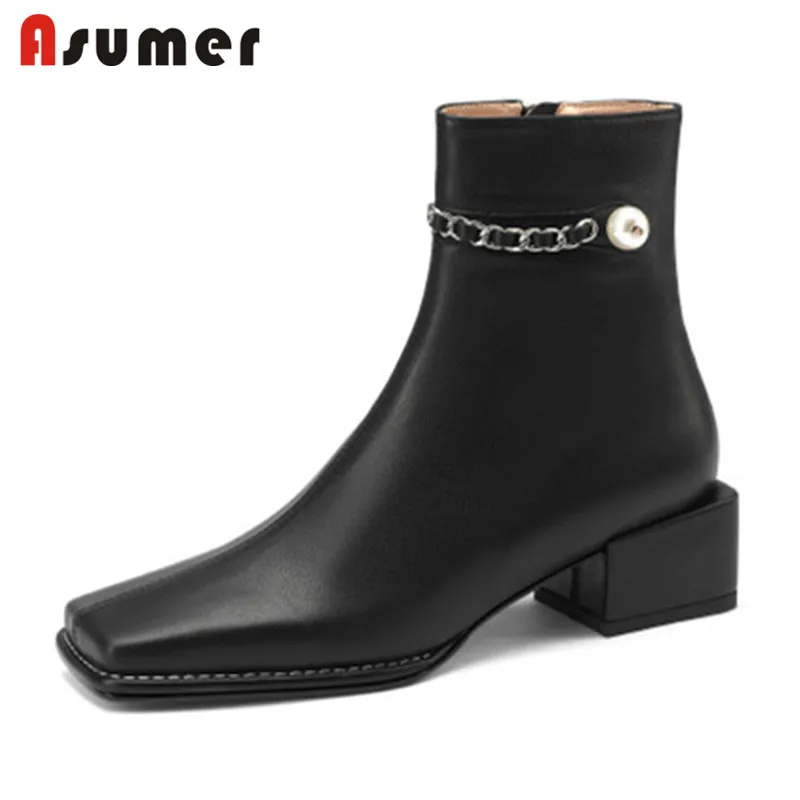 

Asumer 2022 New Arrive Genuine Leather Ankle Boots For Women Shoes Square Toe Thick Heel Pearl Chain Winter Boots Ladies Black