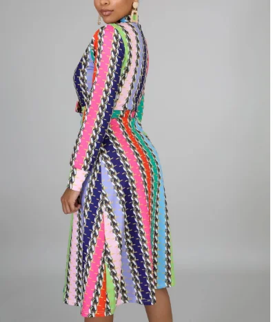 

Colorful Print Sexy Midi Dress Autumn Winter 2022 Long Sleeve Belt African Holding Dresses Woman Party Night Club