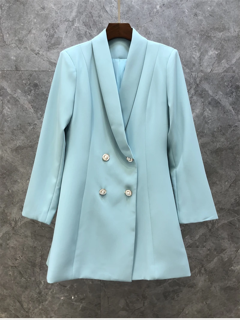 

High Quality New Long Blazer Dress 2021 Autumn Winter Women Notched Collar Double Breasted Long Sleeve Blue Blazers Female