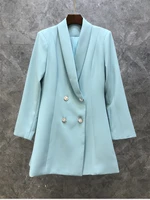 high quality new long blazer dress 2021 autumn winter women notched collar double breasted long sleeve blue blazers female
