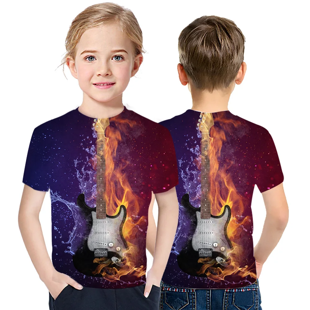 

3D Printing Hot Sale Children Pattern Guitar Tee Summer Harajuku Style 3D T-shirt Boy And Girl T-shirt Quality Round Neck