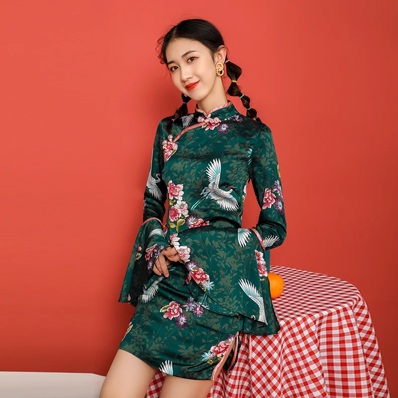 SWEETXUE/современное платье Чонсам для девочек Свободный рукав с принтом в виде