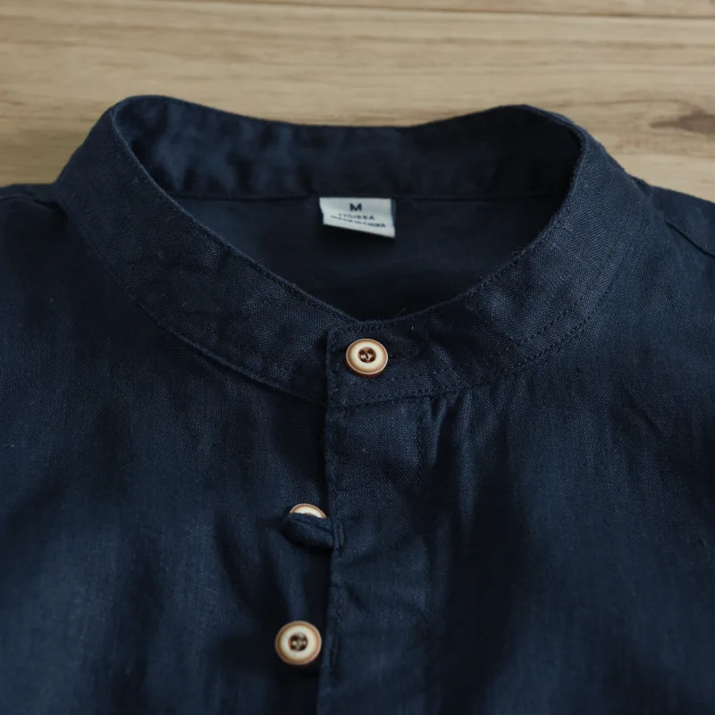 

Men's vintage stand collar short sleeve shirt white khaki dark blue 100% linen casual summer shirts for men