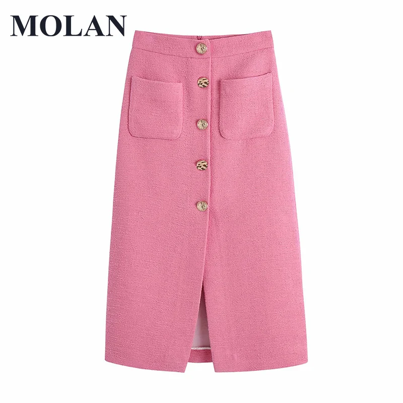 

MOLAN Chic Women Buttons Front Slit Stright Solid Pink Tweed Midi Skirt Vintage High Waist Zipper Female 2021 New Skirts Mujer