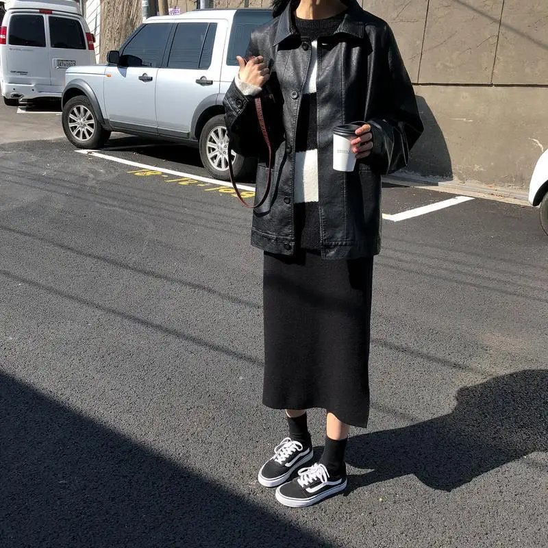 Зимняя черная кожаная куртка для женщин Корейская тонкая свободная