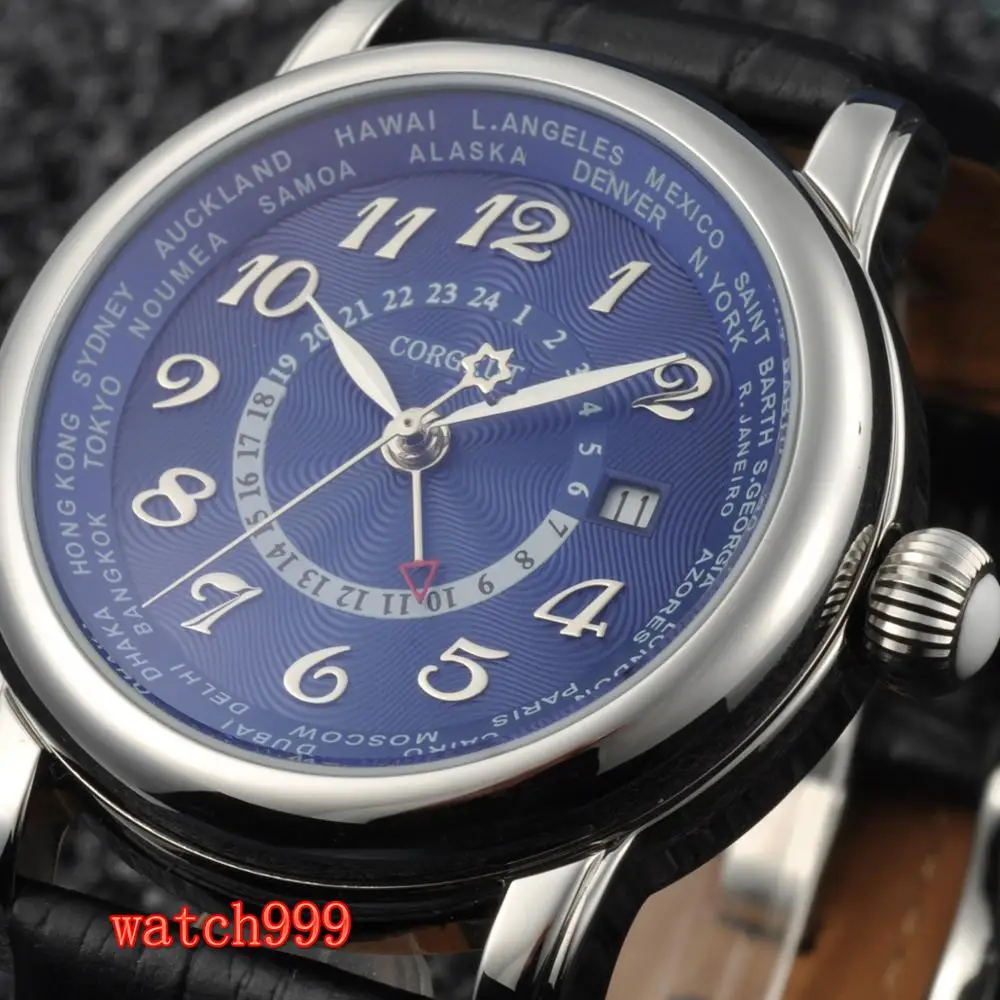 Corgeut 43 мм синий циферблат серебряный корпус GMT автоматические мужские модные