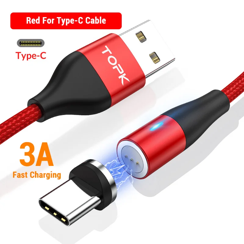USB-C Cable (Red) TOPK AM60 3A 3-го поколения, светодиодный кабель для быстрой зарядки, магнитный кабель Micro usb type C для iPhone 11X8 7, usb-кабель для зарядки и передачи данных - Цвет: USB-C Cable (Red)