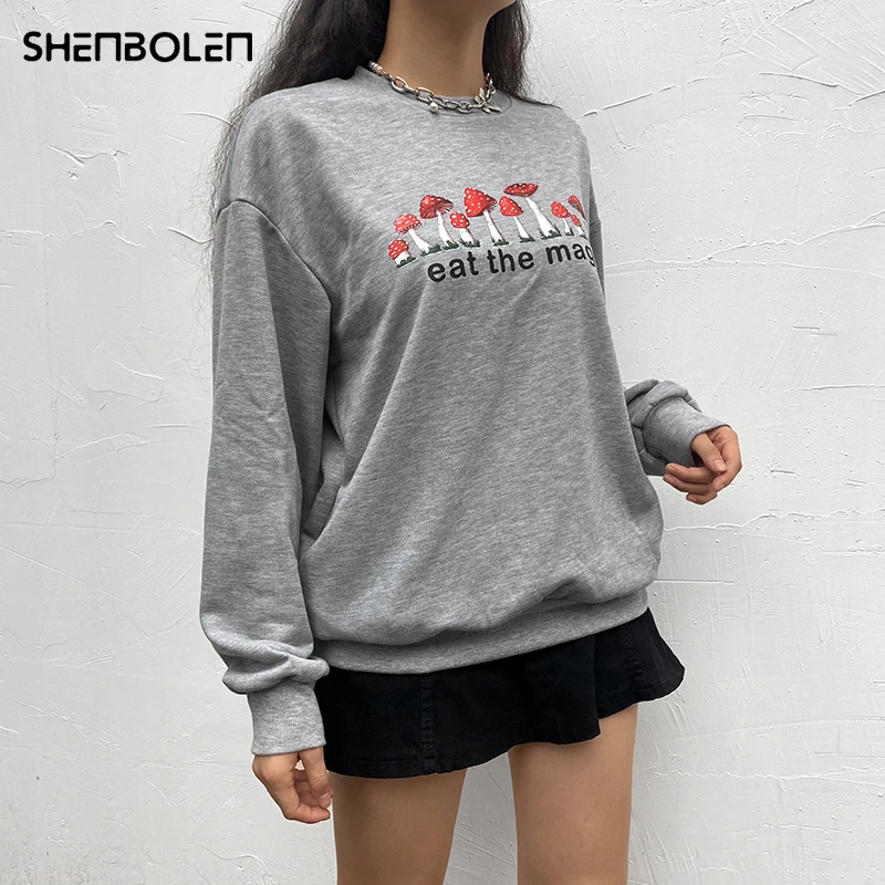 

Harajuku Mushroom Printed Gray Oversized Sweatshirt Women Cute Casual Pullover Autumn Sweatshirts Tops Pattern Jumper