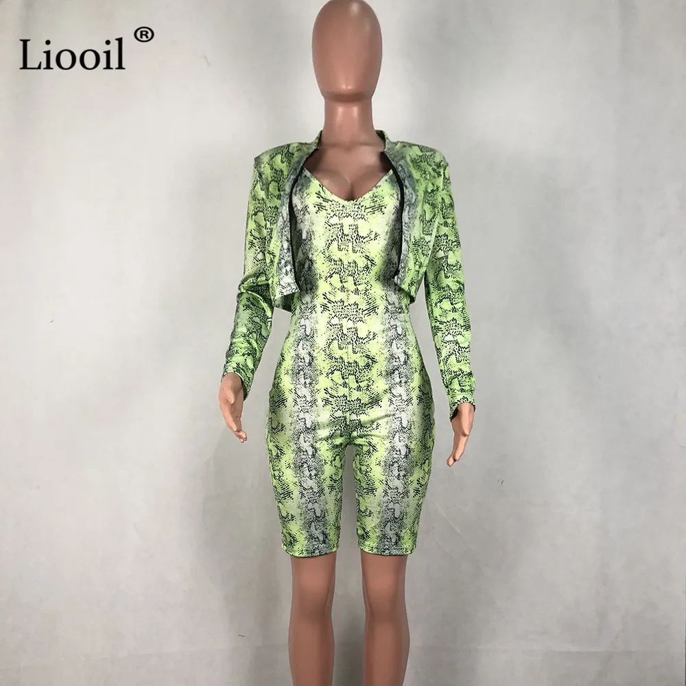 Liooil комплект из двух предметов, спортивный костюм, женские сексуальные Клубные наряды, осень, пальто со змеиным принтом с длинными рукавами и облегающие комбинезоны, комплекты для бегунов
