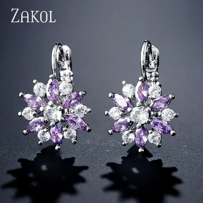 Purple ZAKOL Мода розовое золото Цвет цветок обруч серьги кластера прозрачного хрусталя циркония серьги для Для женщин ювелирные Brincos FSEP609 - Окраска металла: Purple