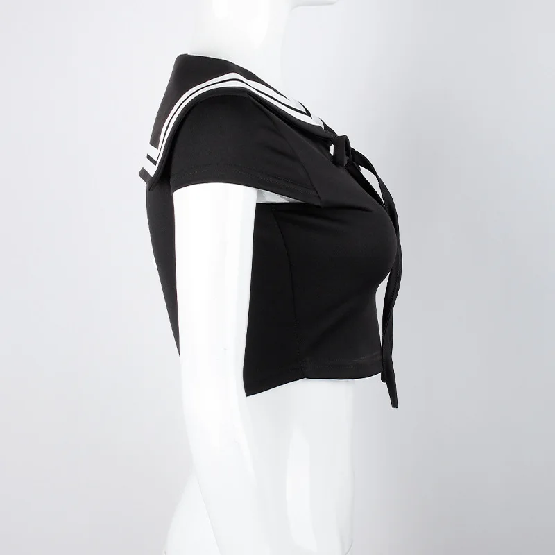 Fashion crescent print Sallor Collar Preppy Style Short sleeve T-shirt for women