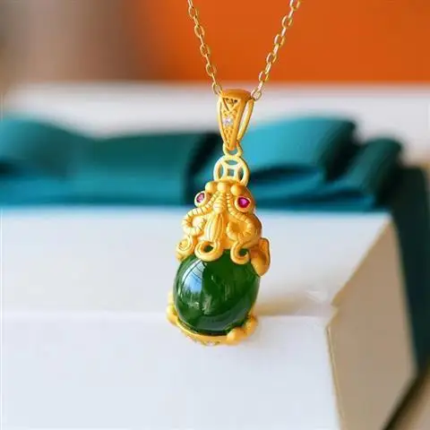 

S925 Silver Inlaid Hetian Jade Spinach Green Necklace Pendant Amass Fortunes Ancient Gilding Craft Necklace