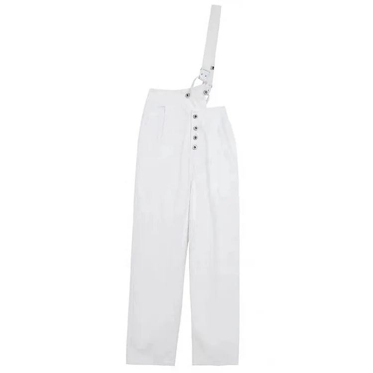 

Spring and summer loose white high waist one-shoulder denim overalls women pants