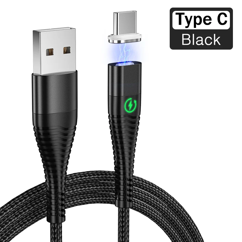 Magnetic Black Rock Usb type-C кабель 1 м 2 м светодиодный магнитный кабель для быстрой зарядки для samsung Galaxy S9 S8 Plus Note 9 8 OnePlus 7 Pro зарядный кабель - Цвет: Magnetic Black