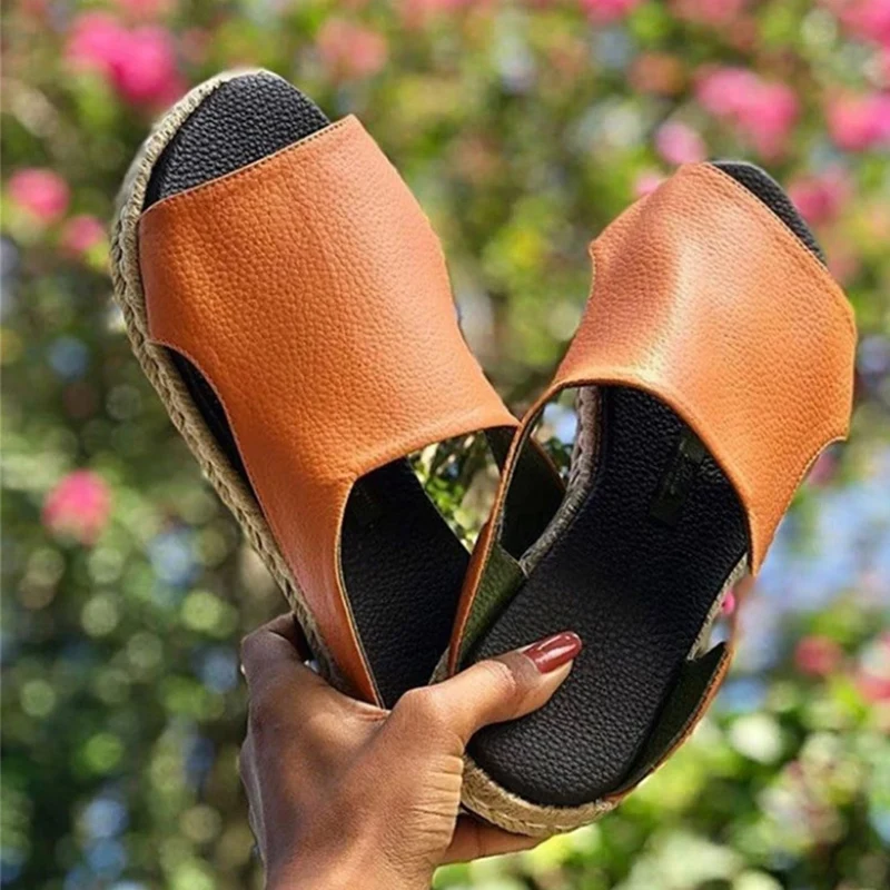 

Women's Sewing Slippers 2021 Woman Summer Flats Plus Size 43 Ladies PU Leather Slides Women Open Toe Female Comfortable Shoes
