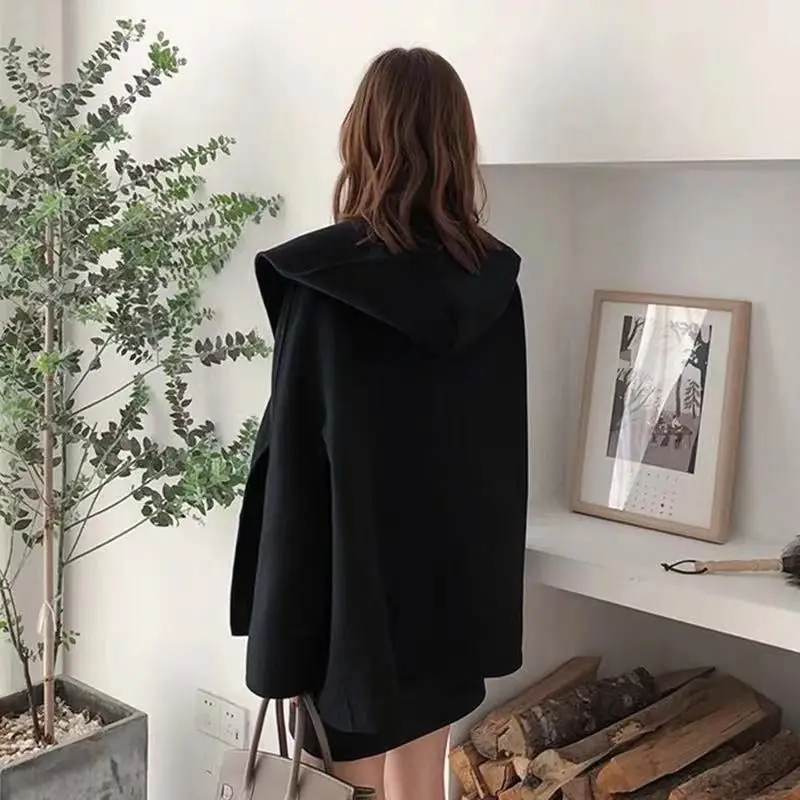 

Wool Blends Women Hooded Solid Open-stitch Chic Fashion All-match Autumn Winter Femme Woolen Coats Elegant Outwear Students New