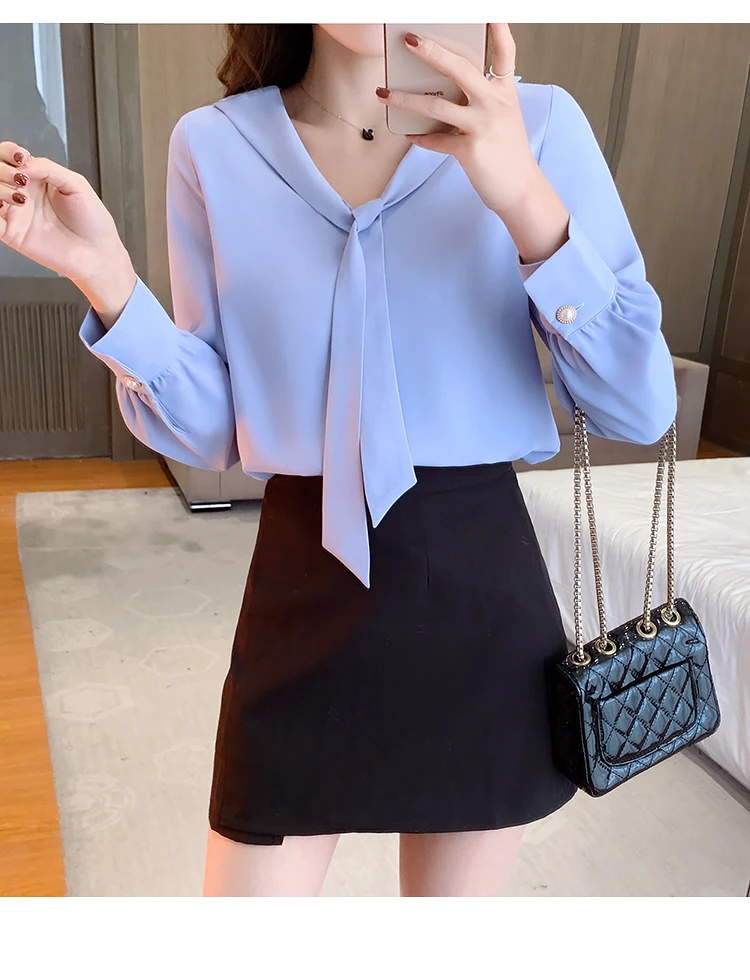 

Chiffon Loose Women's Shirts New Fashion Blouses Casual Long Sleeve Blusas Solid Color Bow Tie Shirts Summer Houthion