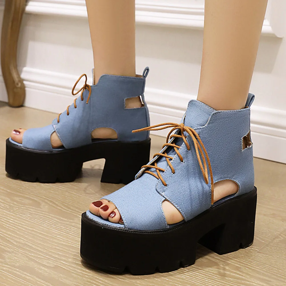 

2021 Big Size 43 Black Blue Denim Gothic Chunky Platform Comfy Square High Heels Shoes Women Gladiator Summer Sandals