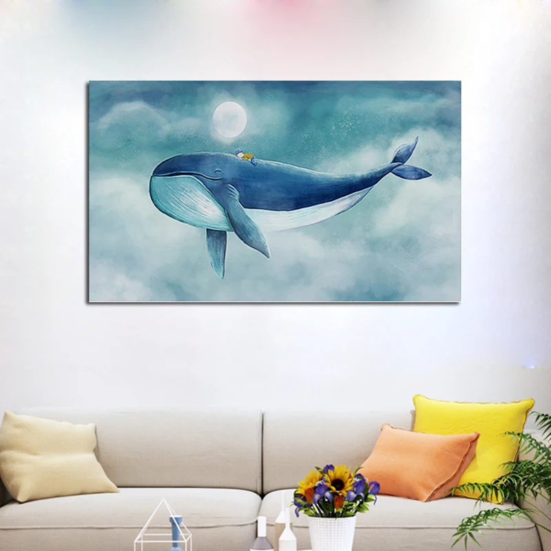 

Lovely Blue Whale Canvas Painting Modern Cartoon Seascape Poster And Prints Home Decoration Cuadros Wall Picture For Children