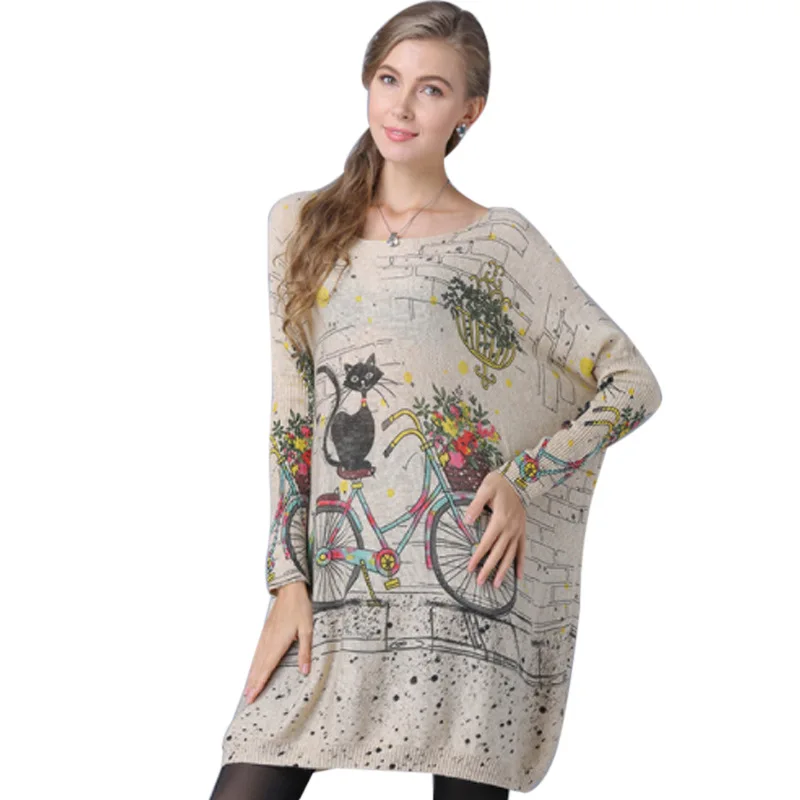 

Lugentolo Sweaters Women Plus Size Loose Fall Fashion Print Pullovers O-Neck Flat Knitted Batwing Sleeve Acrylic