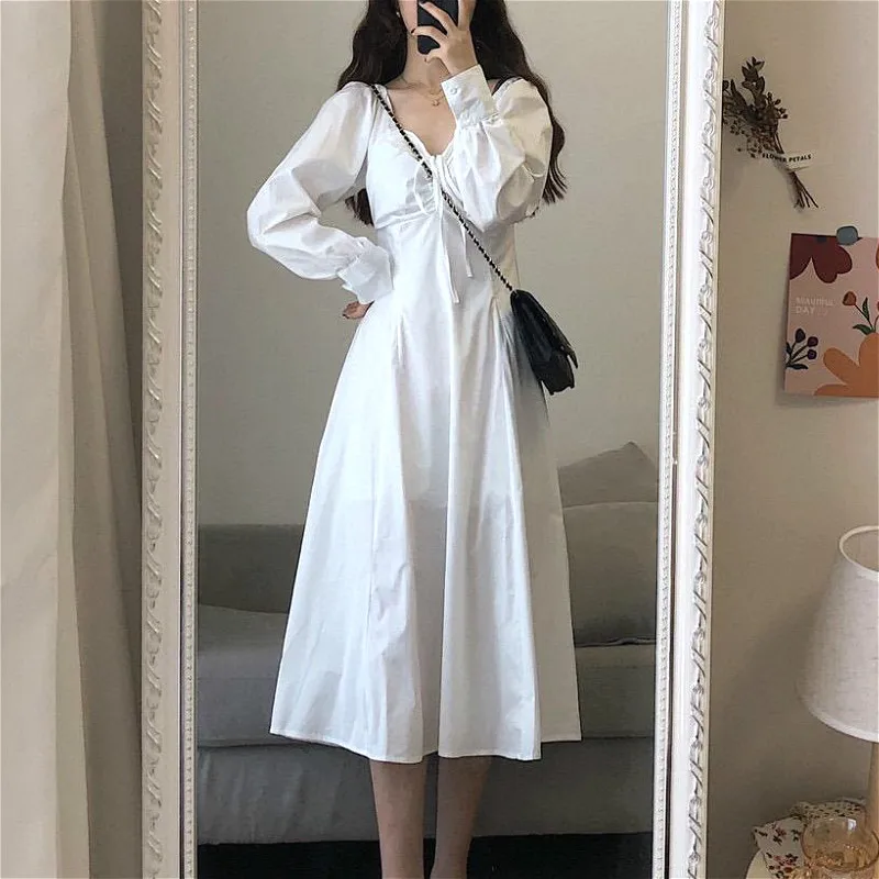 

Elegant White Dress Women Casual Long Sleeve Vintage Fairy Midi Dress Draped Lace-Up Slim One Piece Dress Korean 2021 Autumn