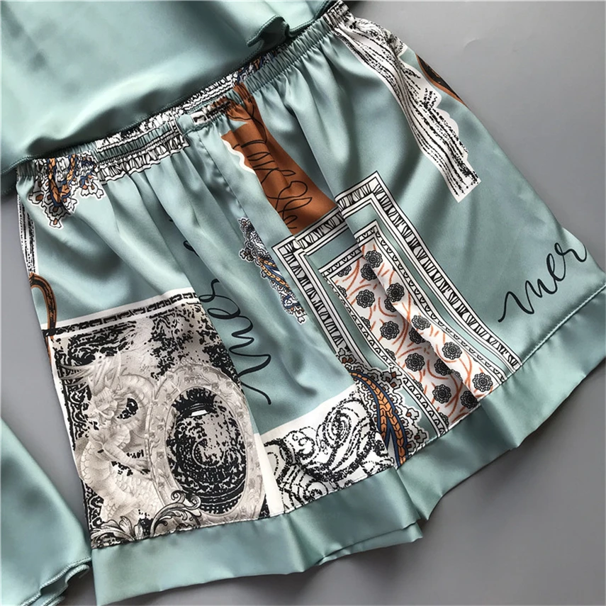 

Spring Autumn Long Sleeve Print Loose Comfort Pajama Set for Women Plus Size Elegant Lingerie Silk Sexy Suspenders Sleepwear Set