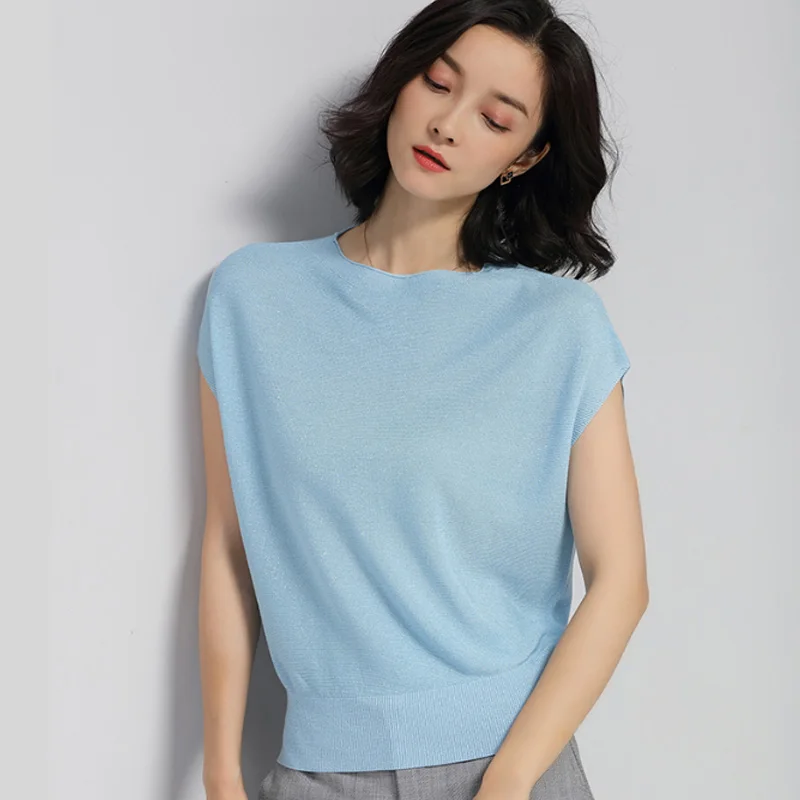 2021 летние женские Топы с коротким рукавом модная женская одежда вязаная блузка