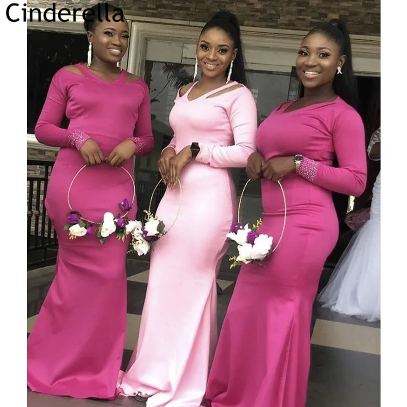 

Bridesmaid Dresses African Style V-Neck Long Sleeves Satin Mermaid Bridesmaid Dresses With Zipper Back Wedding Party Dresses