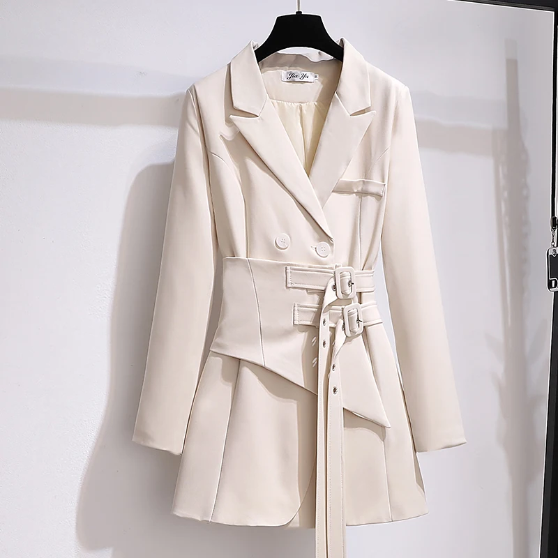 

Spring Autumn Women High Street Notched Double Breasted Lace-up Trench Office Lady Solid Color Long Sleeve Jacket Coat