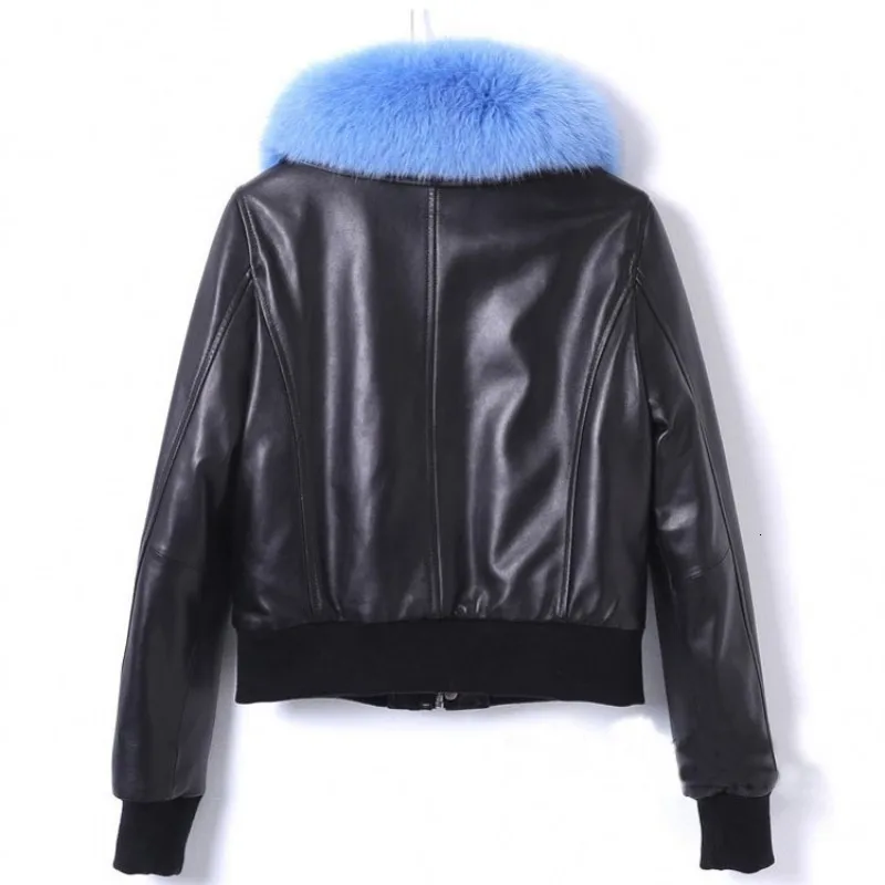 Женское короткое пальто из натуральной кожи черное овечьей шкуры на молнии с