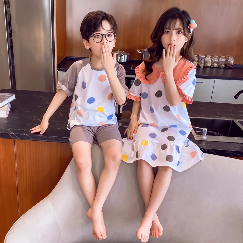 

Summer Unisex Pajamas Short Sleeve Soft Cotton Sleepwear For Children Leisure Nightwear Boys Girls Casual Home Clothes Nighty