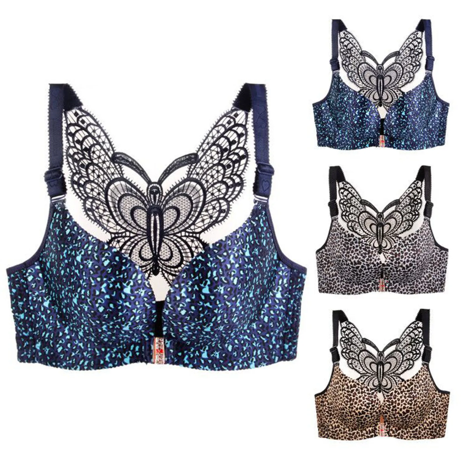 

Fashion Leopard Print Lace Butterfly Vest Bra Front Buckle No Steel Ring Adjustment Type American Back Smooth Underwear