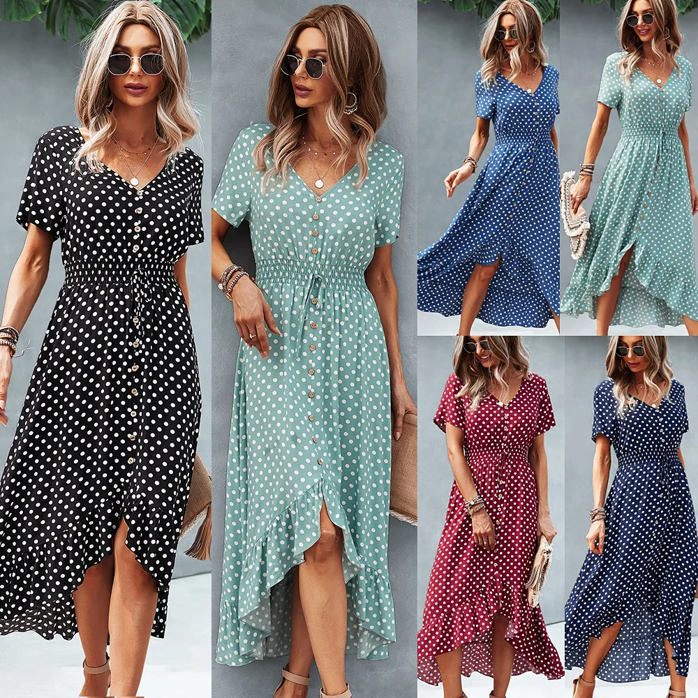 

Summer New Dress 2021 Polka Dot Print Skirt High Waist V Neck Large Swing Skirt Female Elegant Temperament Commuter Dress