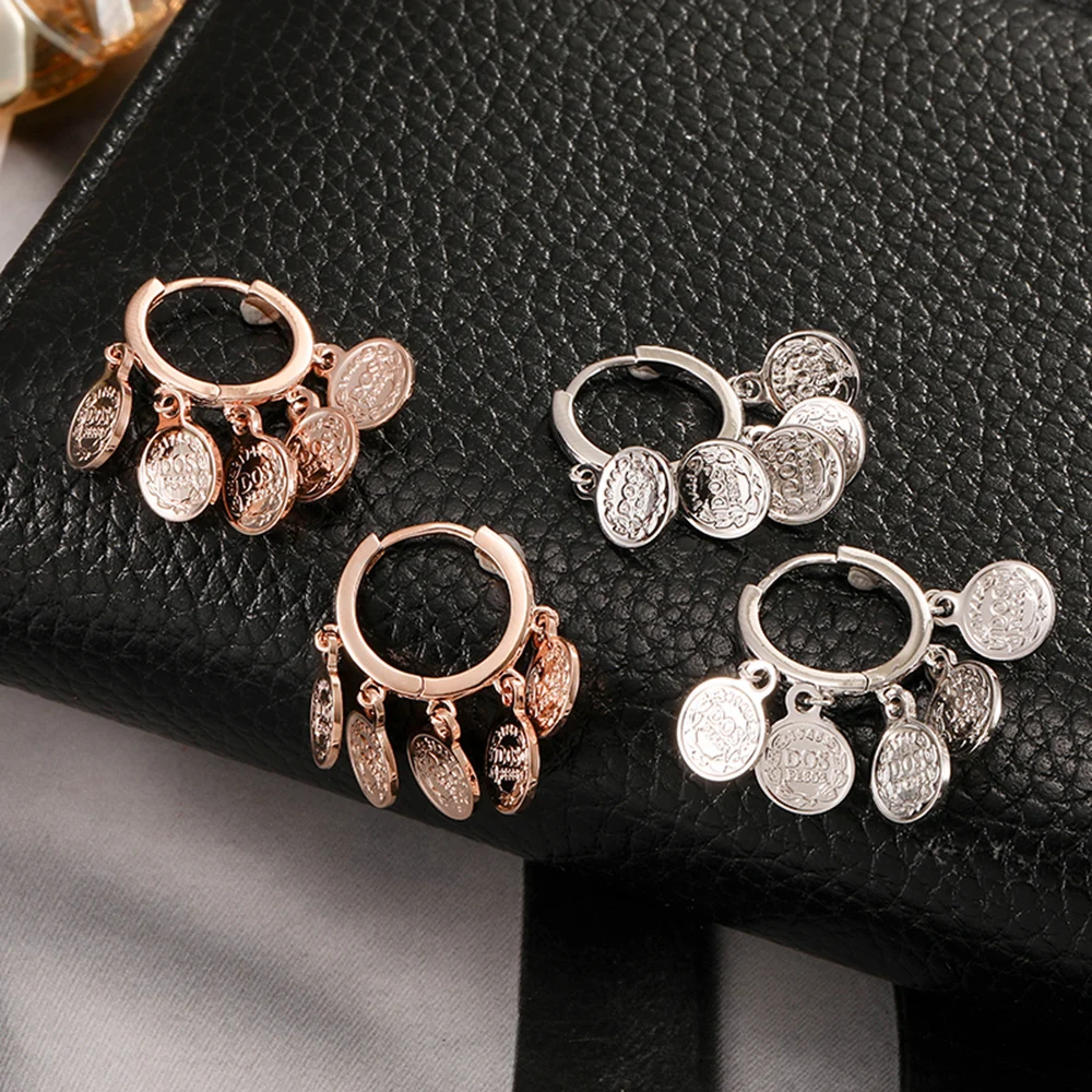 Trendy Queen Engraved Hoop Earrings For Women Rose Gold Stainless Steel Round Coin Drop Fashion Jewelry Accessories | Украшения и
