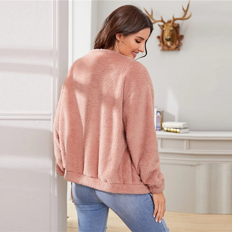 SHEIN розовая однотонная повседневная куртка на молнии спереди, пальто, женская зимняя уличная одежда, длинный рукав, двойной карман, женская верхняя одежда