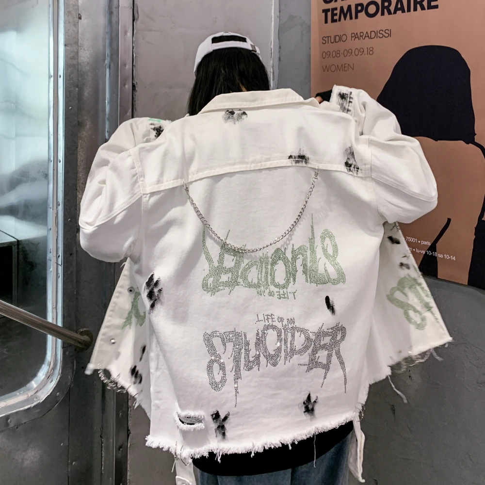 

Fashionable Chain Glitter Stone Denim Jacket Hip Hop Graffiti Denim Jackets Jean White Raw Edge Hole Jackets Coats Men