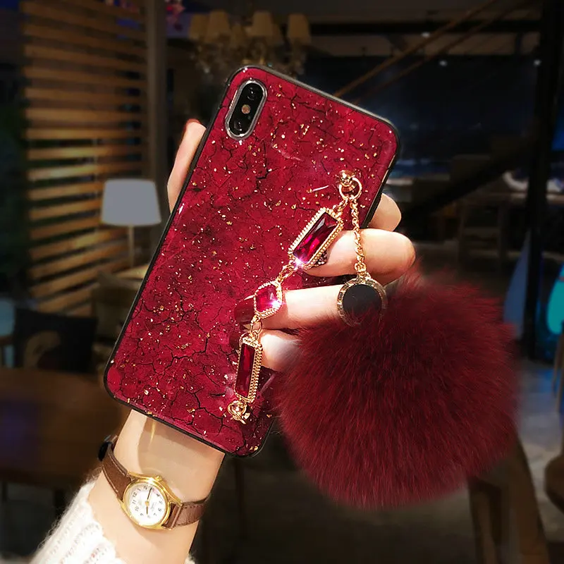 Роскошный Настоящий Лисий волос мяч блеск чехол для телефона для iPhone 11 Pro Max 7 8 6 6S Plus XR XS MAX X чехол s Coque для iPhone XS MAX оболочка - Цвет: Красный
