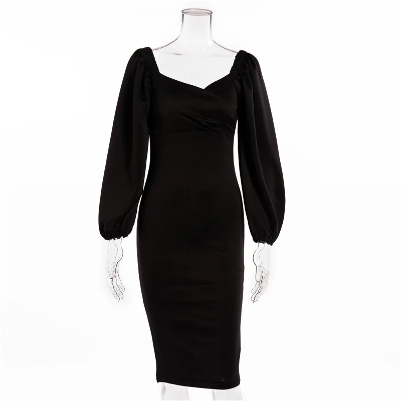 

Sexy Women Bodycon Dress Off Shoulder Pure V Neck Lantern Sleeve Dress Party Night Elegant Mid Christmas Dress Mujer Black Dress