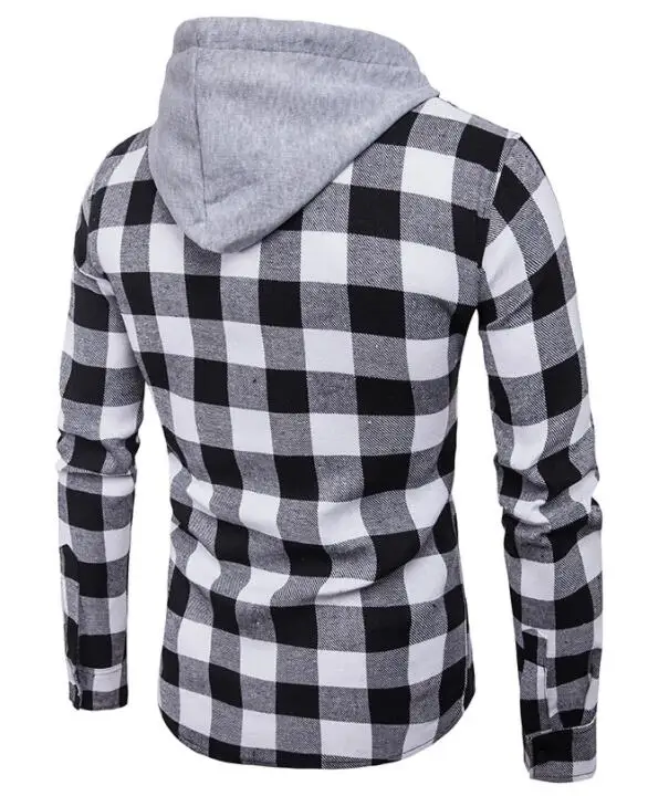 2021 Men's Hooded Shirt Large Plaid Men Pocket Hooded Plaid Shirts Men Long Sleeve Shirts