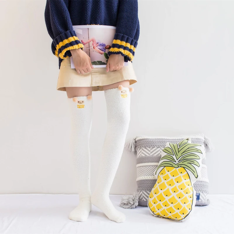 Милые женские носки выше колена с принтом животных в полоску зимние теплые