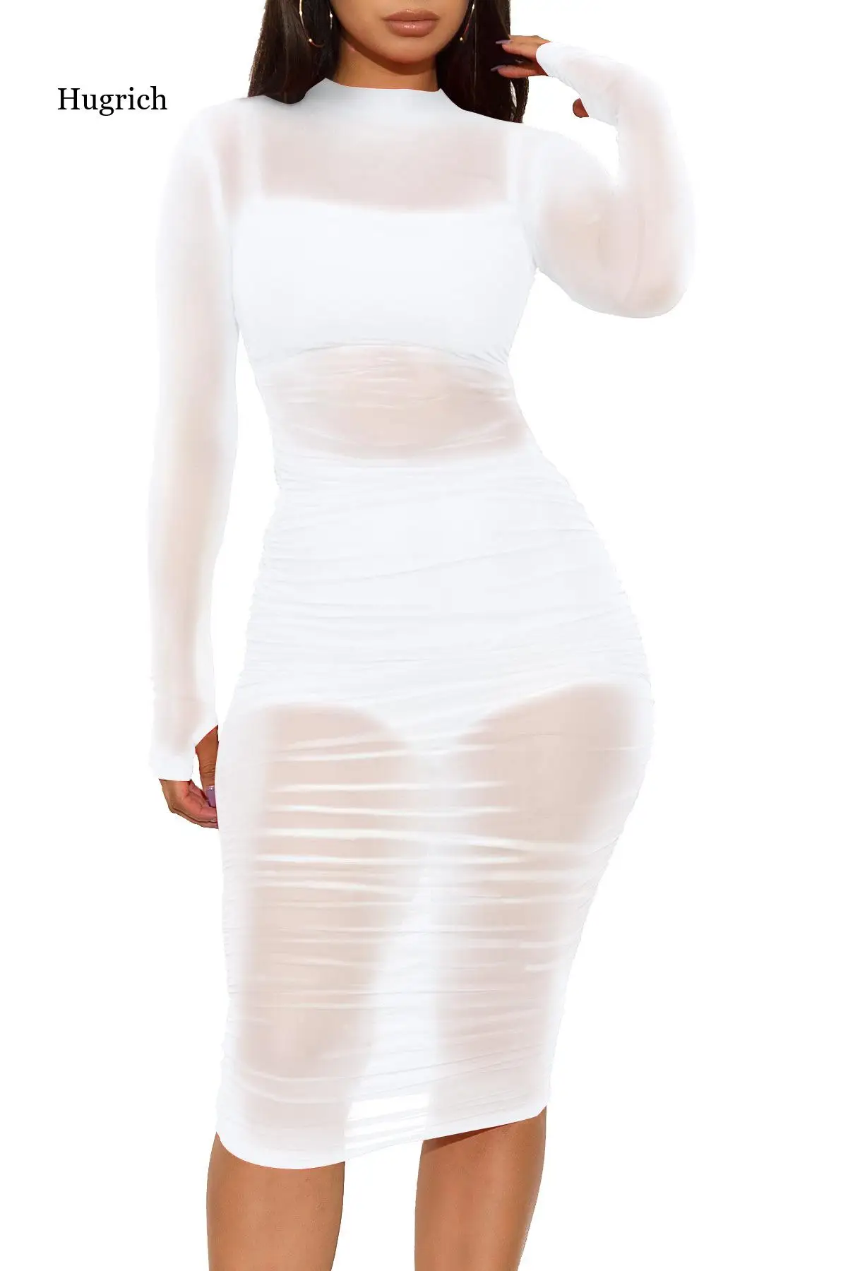 

Sexy Transparent 3 Piece Set Women Turtleneck Long Sleeve Ruched Mesh Dress + Straped Crop Top + Bodycon Shorts Club Outfits