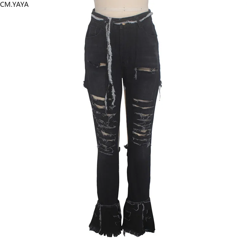 Fashion Denim Skinny Pants Women Retro Ripped Jeans Wide Leg Trousers Hole Casual Bell-Bottoms Flare Pant Female GLHSF2084 |