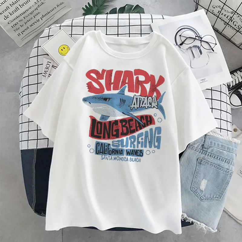 Футболка женская длинная с принтом Shark Attack пикантная Пляжная футболка
