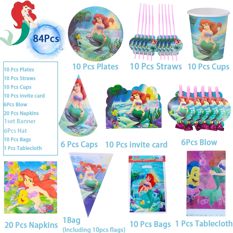 

84Pcs The Little Mermaid Princess Ariel Theme Disposable Tableware Set Paper Cup Plate Tablecloth Party Supplies Girl Birthday