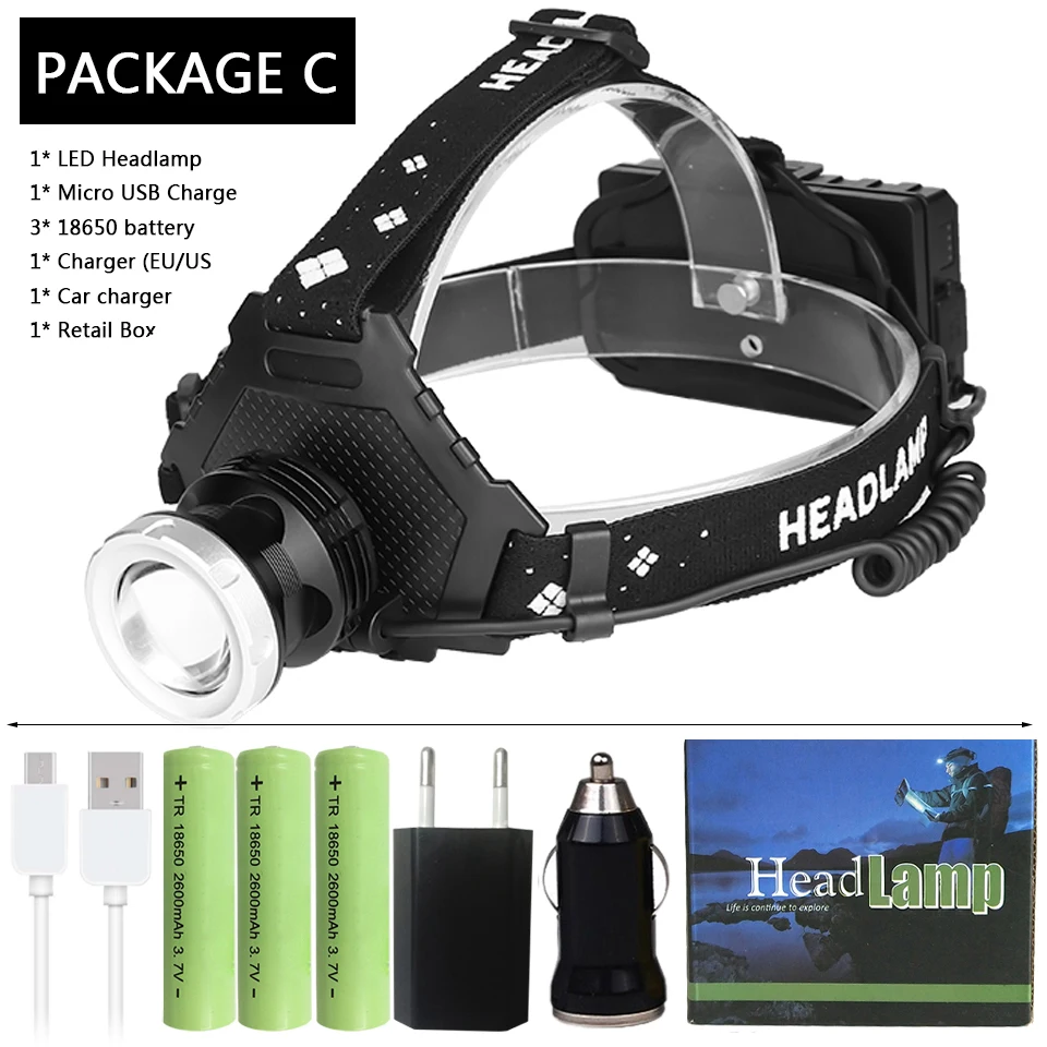 Package C Мощный налобный фонарь Yunmai, светодиодный налобный фонарь, налобный фонарь 32 Вт, налобный фонарь, внешний аккумулятор 7800 мАч, аккумулятор 18650, XHP50.2, XHP70.2 - Испускаемый цвет: Package C